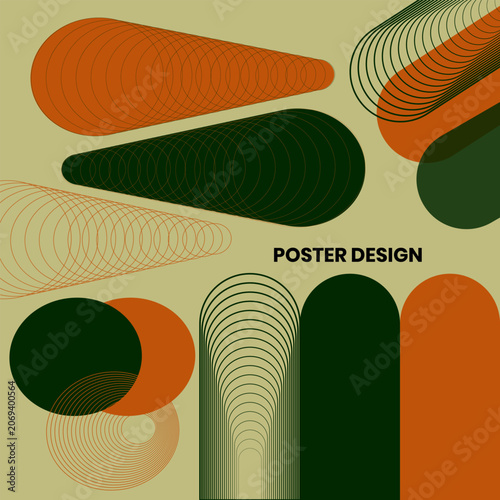 Vibrant poster design with geometric shapes and lines on beige background