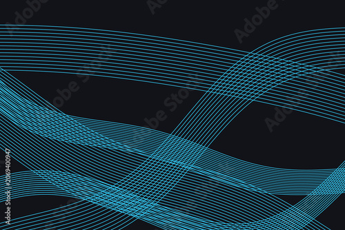 Canvastavla Cyan neon wavy lines intersecting on a dark charcoal background, abstract geomet