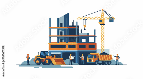 Workers and machines building a structure