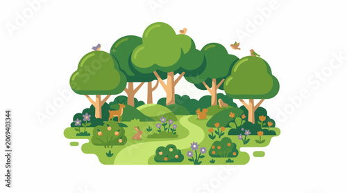 A serene forest scene with diverse trees vibrant flowers and wildlife