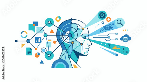 A stylized illustration of a human head with various digital and analytical elements