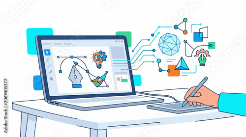 Graphic design on laptop with hand holding stylus on tablet