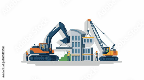 A construction site with two excavators and workers building a modern building