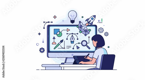 Graphic designer creating digital art on a computer with a graphics tablet