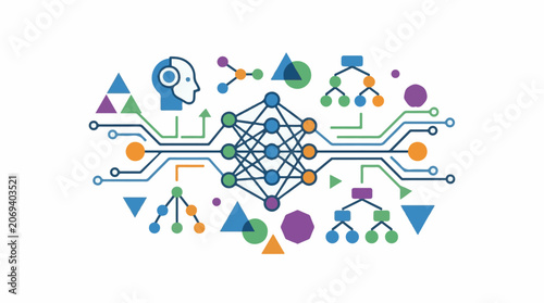 A colorful graphic illustration of a neural network with various shapes and symbols