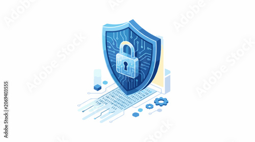 A blue shield with a padlock on a laptop