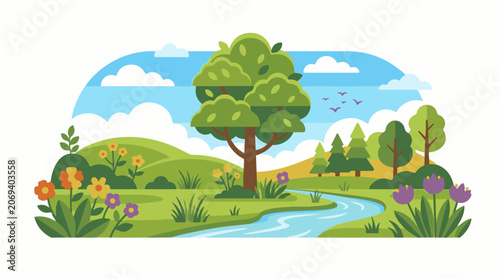 A serene landscape with a winding stream trees flowers and a blue sky