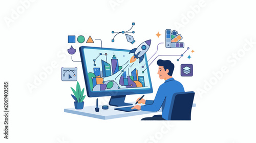 A man sitting at a desk working on a computer with a rocket on the screen