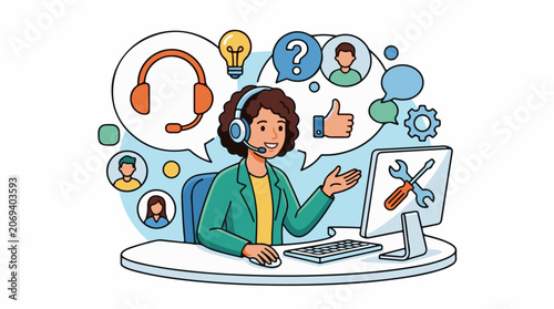 A woman with headset sitting at a desk with computer and various icons