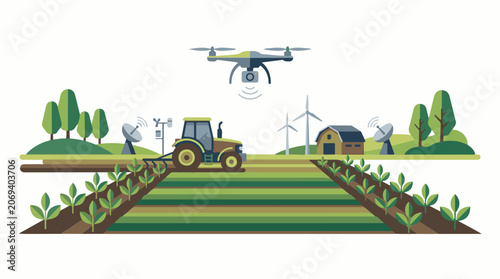 Modern farm with drone and tractor
