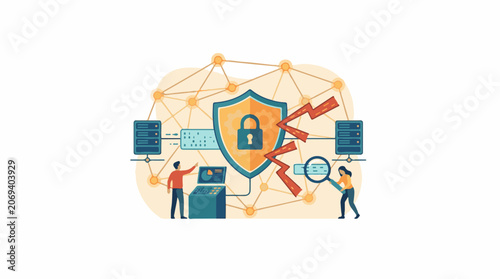 Illustration of people working on computer security with shield and network