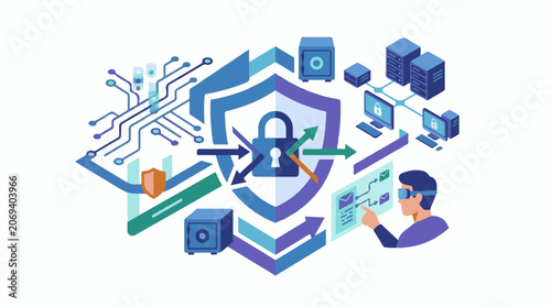 A graphic illustration showing cybersecurity elements with shield and lock