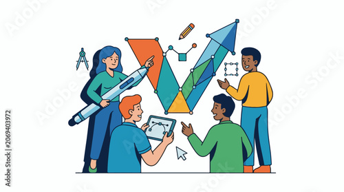 A colorful illustration of four people working together on a geometric graph