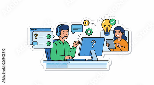 A man and woman communicate with each other while using a computer and tablet