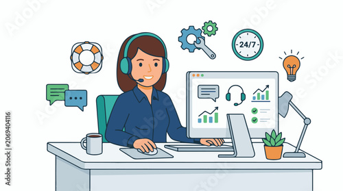 A woman in a headset works at a computer with various icons around her