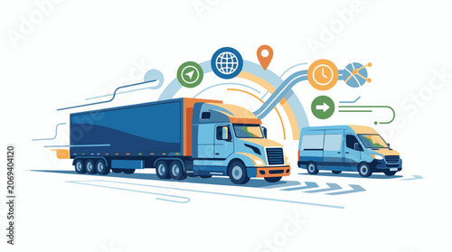 A large truck and van driving on road with navigation icons