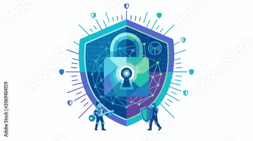A blue shield with a lock and two people holding shields and a key