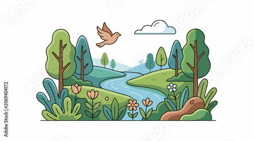 A serene cartoon landscape with a winding river lush greenery and a flying bird
