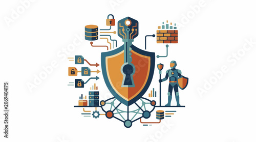 A shield with a keyhole and a knight standing next to it surrounded by various security-related icons