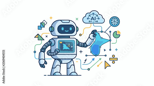 A robot interacts with AI and data visualization elements