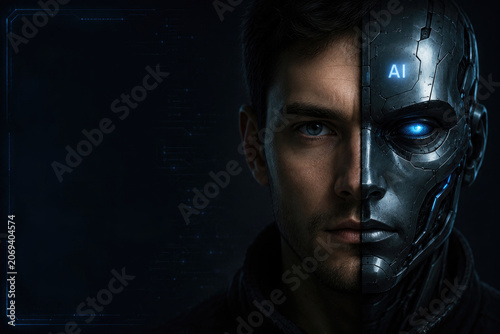 Half human face and half robot face with Russian rating text.