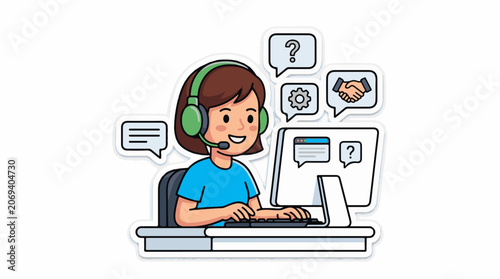 A smiling woman wearing a headset sits at a computer with chat icons (1)