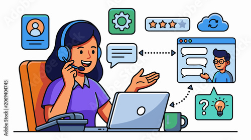 A woman in a purple shirt wearing a headset sits at a desk with a laptop and phone while interacting with a customer on