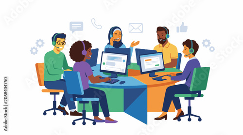 A diverse team of five people wearing headsets and working on computers