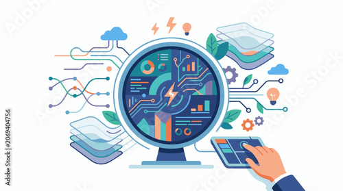 Colorful infographic on computer screen with hand holding tablet and various symbols