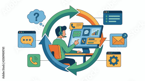 A man sits at a desk with a computer and headset surrounded by icons representing various forms of digital communicatio
