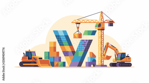 Colorful construction site with crane and excavators building a large letter