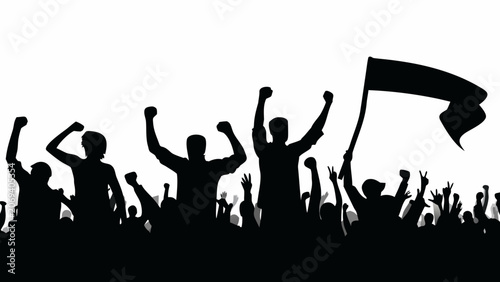 Εκτύπωση καμβά A black silhouette of a crowd with raised arms and a waving flag on a white back