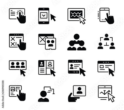 Set of digital ethics and ai regulation icons, including privacy policy, data protection, and compliance symbols
