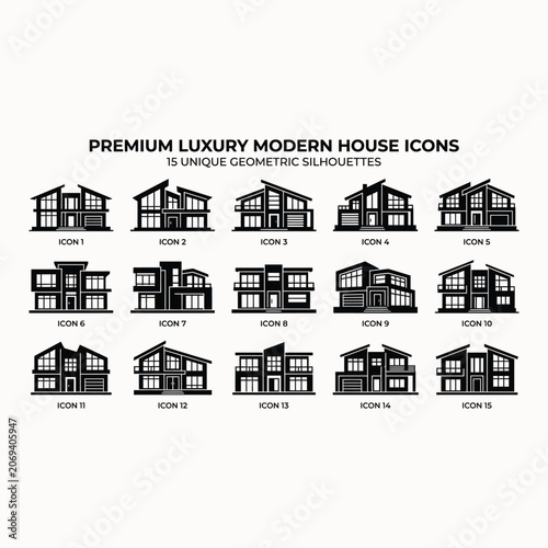 Collection of fifteen unique geometric modern house icons with different architectural styles