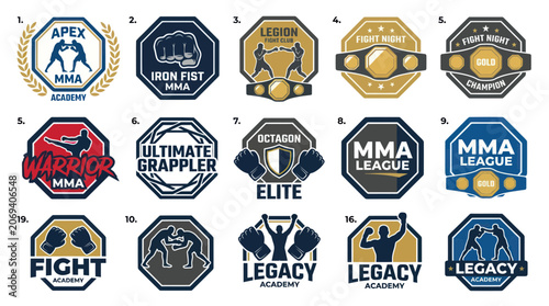 Foto Mma and martial arts club logo emblems with octagon and fighters