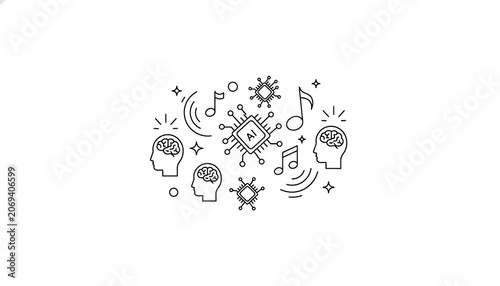 Artificial intelligence icon set with human head profiles and digital circuit symbols isolated on transparent background