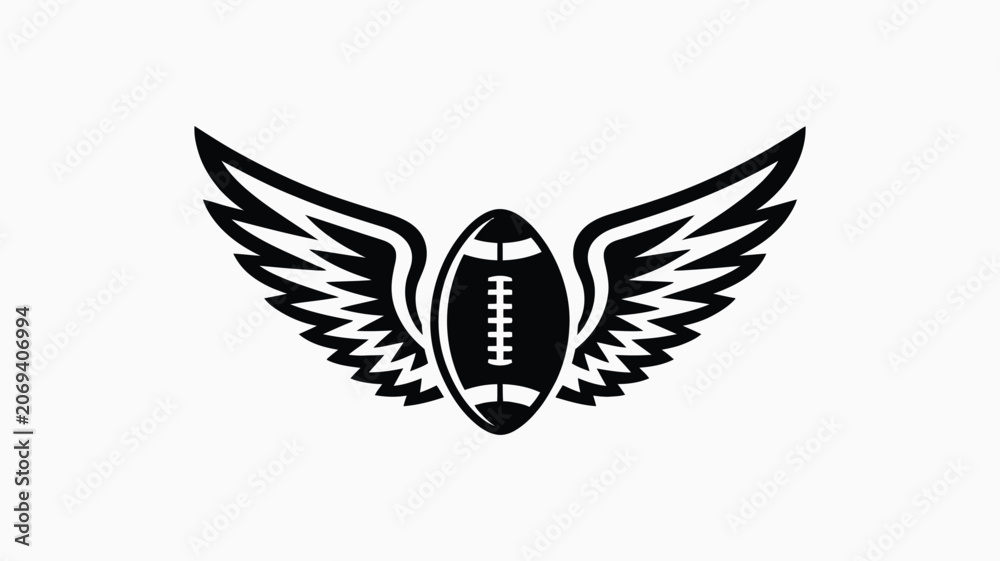 Fototapeta premium Stylized American football ball with spread wings emblem graphic design, high school football sports logo concept, dynamic athletic mascot badge, victory and strength symbolism, bold winged shield