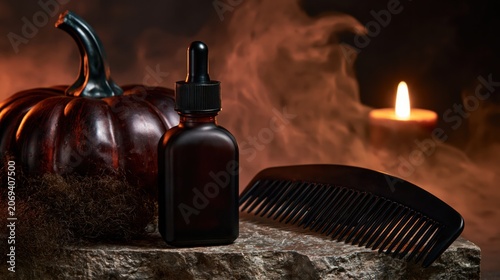 Halloween Beard Oil Still Life with Black Comb and Pumpkin
