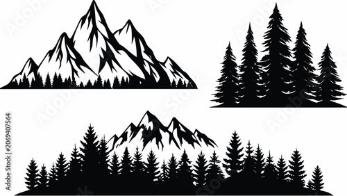 Φωτογραφία Black and white mountain and coniferous tree silhouettes against a white backgro