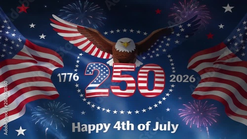 American eagle and flag celebrate 250th anniversary with fireworks representing patriotism and national pride for Independence Day only for commercial uses