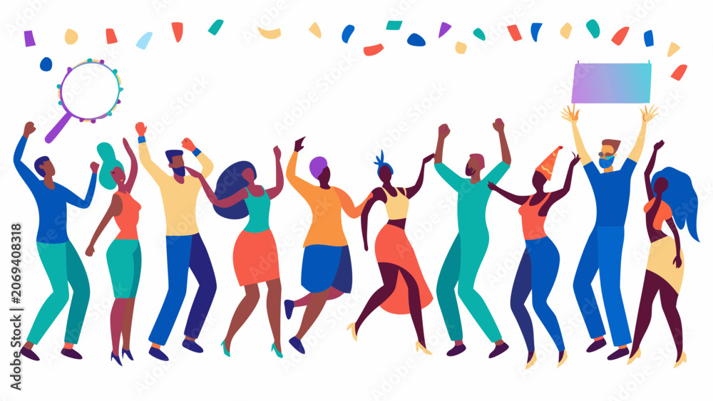 Fototapeta premium Group of people celebrating with confetti and a sign a colorful vector illustration celebration team