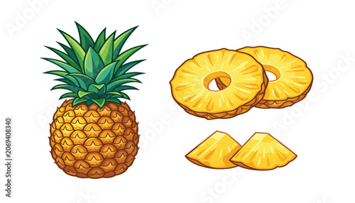 Quadro su tela Fresh whole pineapple with green leaves, sliced rings, and cut chunks vector illustration isolated on white background