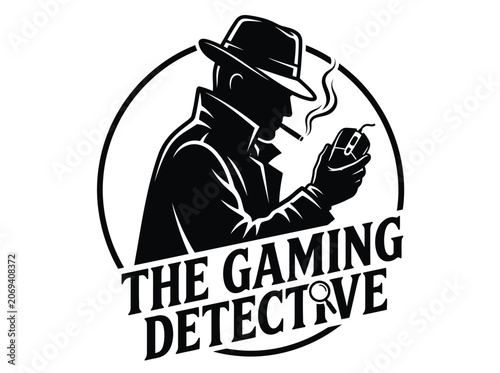 The Gaming Detective, a stylized black and white vector logo featuring a mysterious detective smoking, holding a computer mouse, perfect for gaming channels and esports branding.