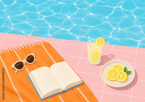 Summer poolside scene with lemon, juice, book and sunglasses. Flat vector illustration for vacation, travel, lifestyle and outdoor design projects.