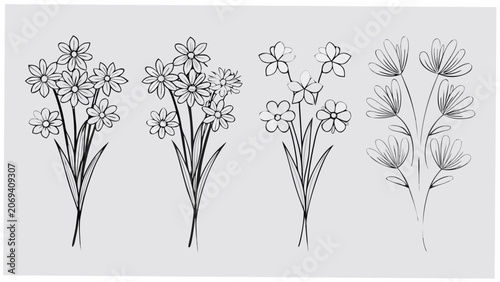Floral Ornament Of Four Distinct Botanical Sprigs A Black And White Line Drawing bouquet flower