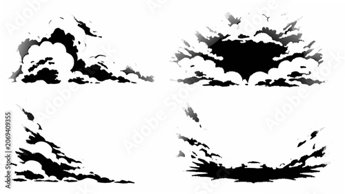 Dramatic cloud formations in grayscale vector style against a white background cloudscape cumulus cirrus stratus