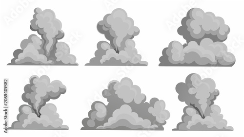 Six grey cloud formations a vector illustration against a white background for design projects atmospheric conditions