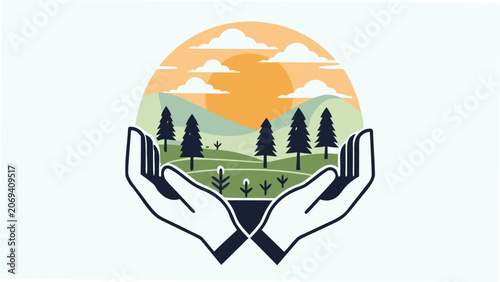 Hands Cupping A Miniature Landscape A Vector Illustration With A Scenic Orange And Green Palette