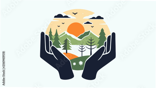 Hands Cupping Landscape Scene A Flat Vector Illustration With A White Background holding cradling protecting