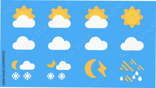 Colorful weather symbols including suns clouds moons snowflakes and raindrops on a blue background atmospheric condition